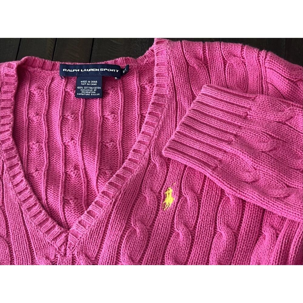 Vintage Ralph Lauren Sport Women's Cable Knit Sweater Size Medium Pink w/yellow - Picture 2 of 13